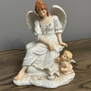 O'Well Angel & Cherub W/Bird~Lyre Porcelain Figurine Ivory & Gold